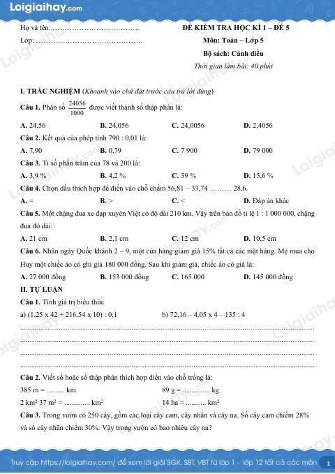 Đề kiểm tra học kì 1 Toán 5 Cánh diều - Đề số 5